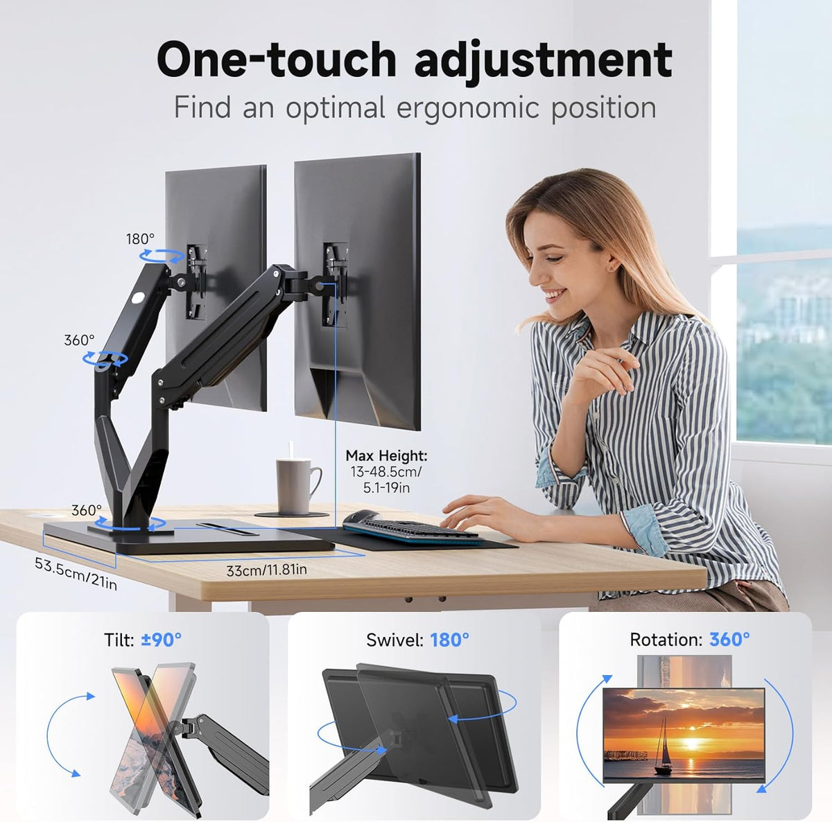 suptek Dual Monitor Mount Gas Spring Monitor Arm Desk Stand with Base,Free St...
