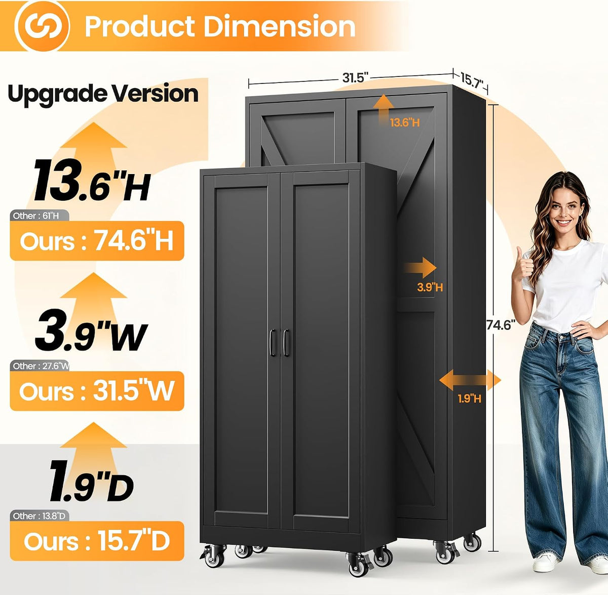 75" tall wheeled garage storage cabinet, rolling metal, close-up detail