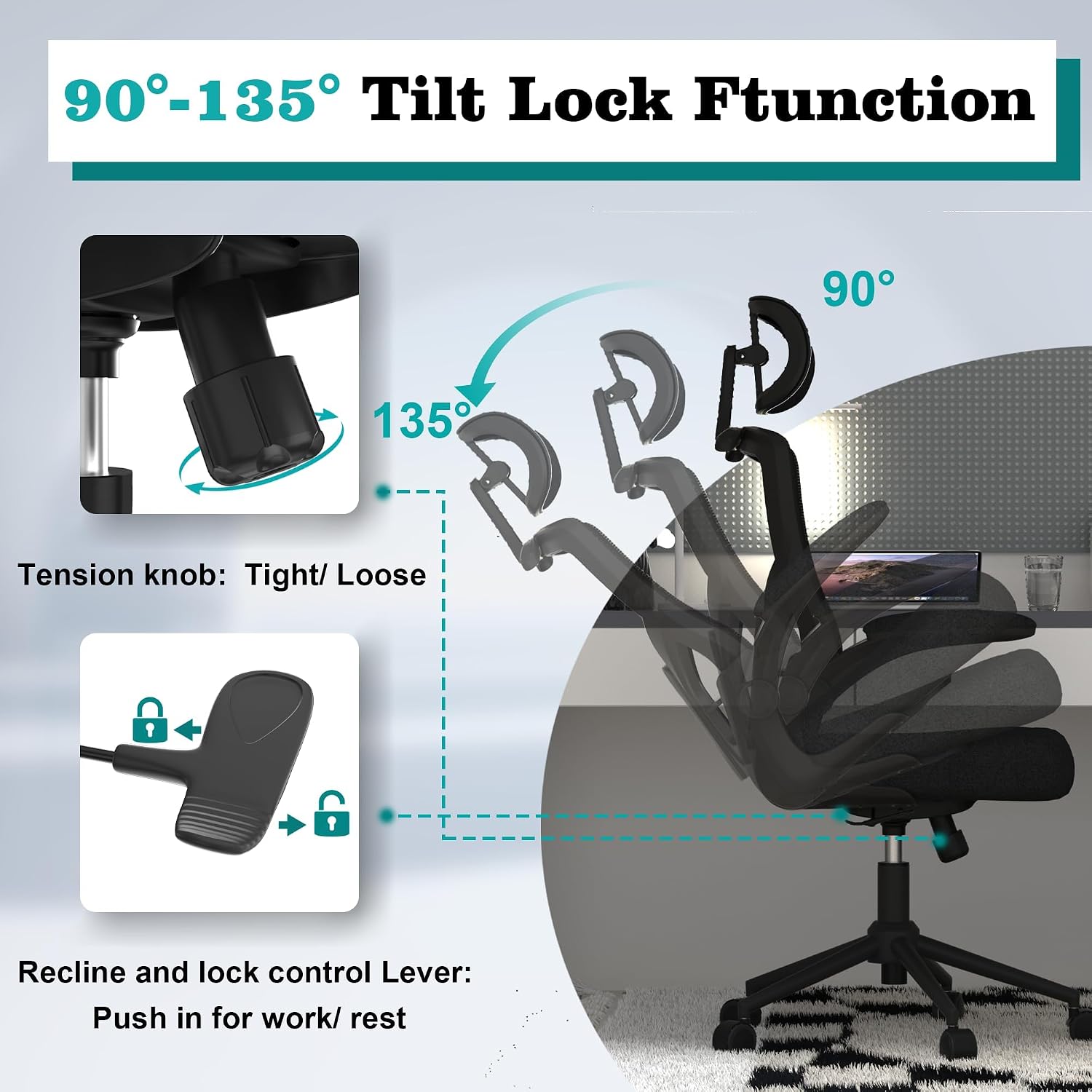 Ergonomic Office Chair, High Back Mesh Computer Chair with Molded Foam Cushion, Adjustable Headrest, Lumbar Support, Tilt Lock and Coat Hanger for Home Office