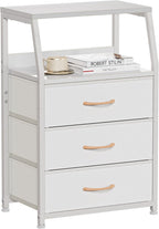 Furnulem White Nightstand with 3 Drawers and 2-Tier Shelf, Small Night Stand