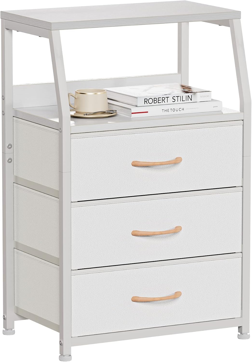 Furnulem White Nightstand with 3 Drawers and 2-Tier Shelf, Small Night Stand