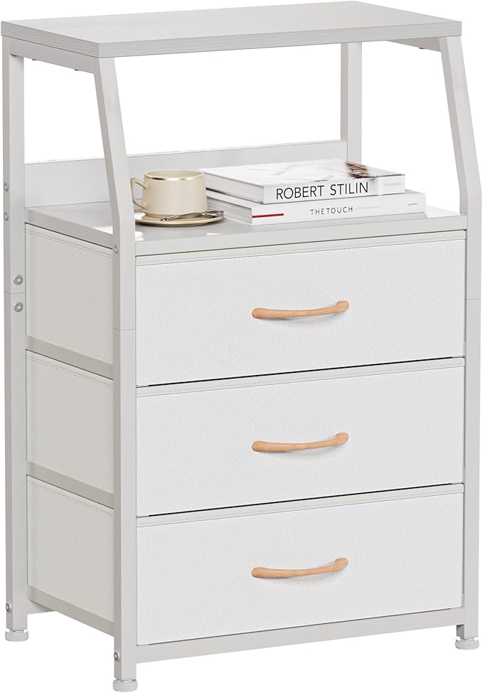 Furnulem White Nightstand with 3 Drawers and 2-Tier Shelf, Small Night Stand by Furnulem