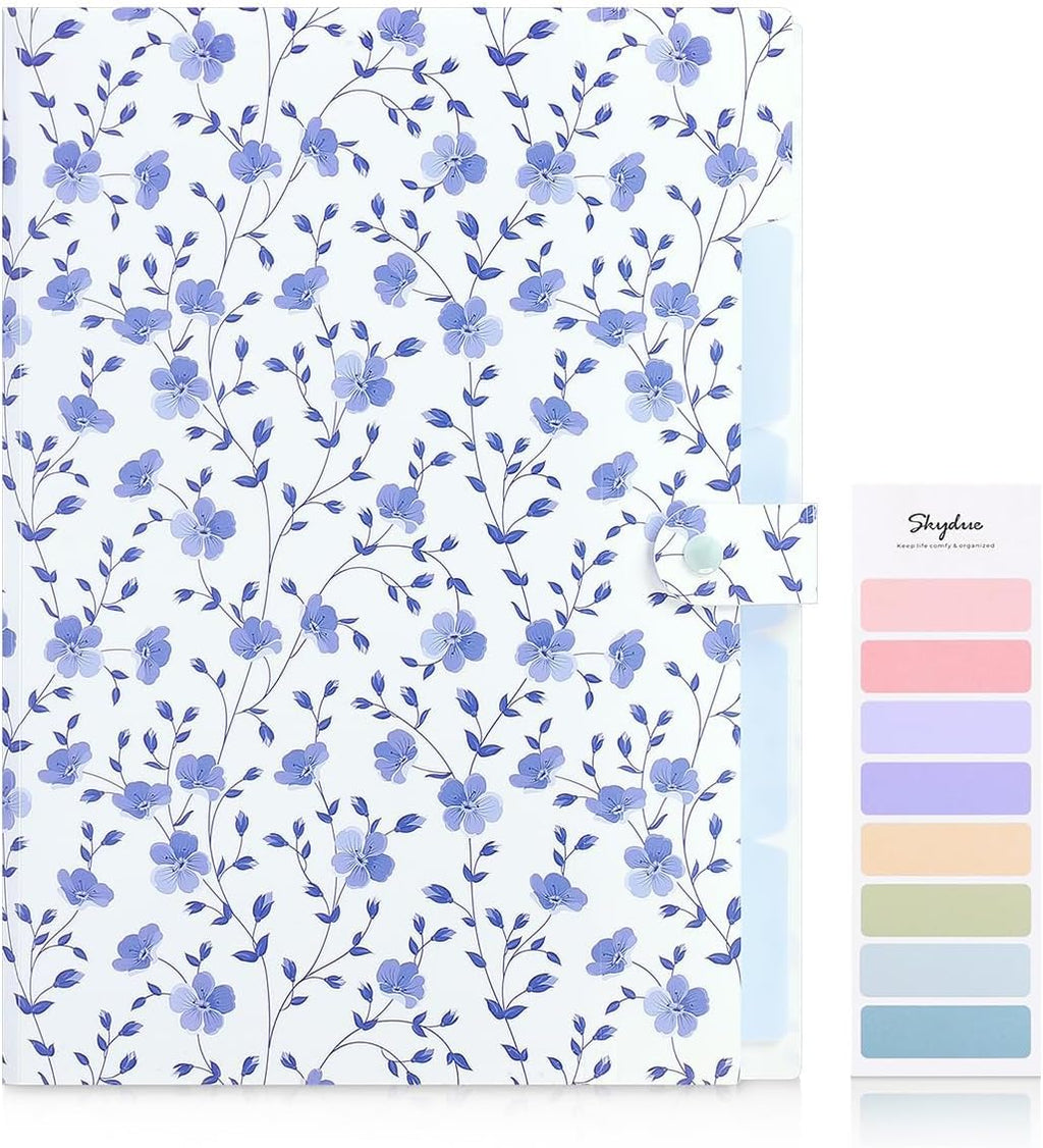 SKYDUE Expanding File Folder with 5 Pockets, Floral Accordion File Organizer for Important Document, Portable Receipt Paper Organizer, School Office Supplies,Blue