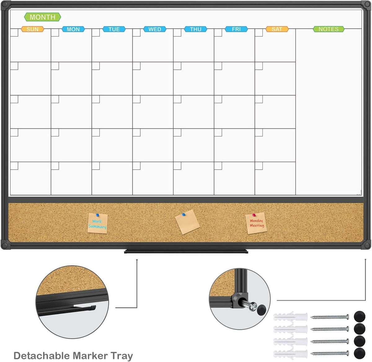 JILoffice Magnetic Calendar Whiteboard & Bulletin Corkboard Combination, ...