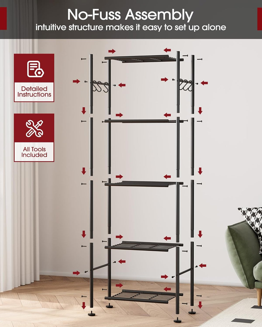 sakugi 5-tier storage rack organizer with hooks, heavy, view 9