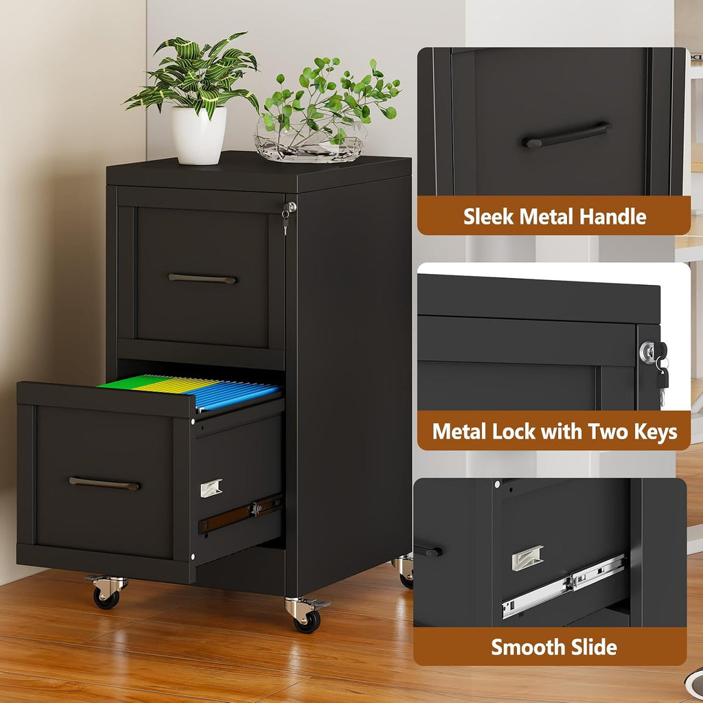 2 drawer rolling metal file cabinet with lock,narrow showing dimensions