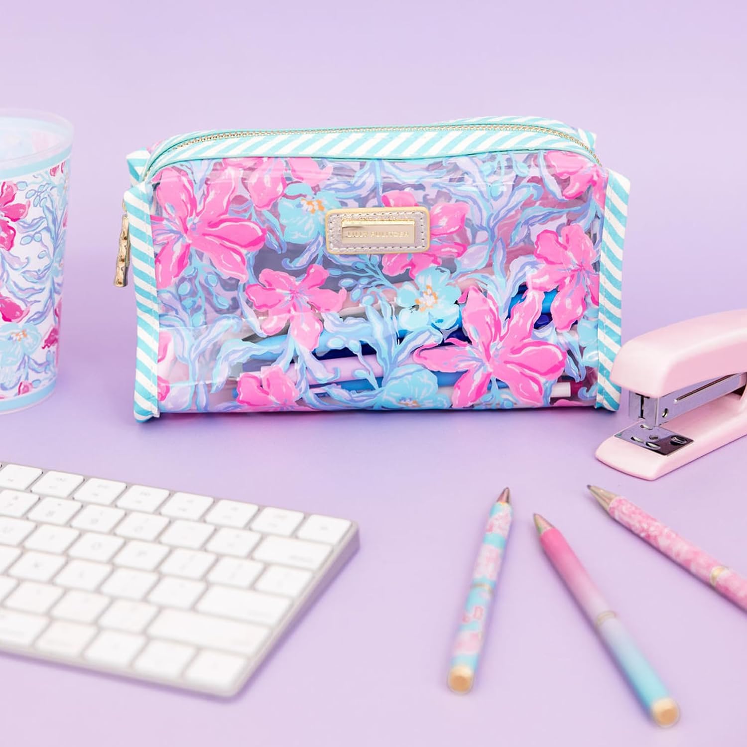 Lilly Pulitzer Vinyl Pouch, Beachside Haven | Cute, Semi-Clear, Water Resistant, Zipper Bag Pencil Case for Stationery, Small Toiletries, and Makeup