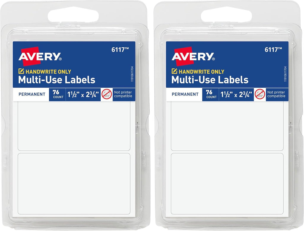 Avery Labels, 1.5" x 2.75", White, 76 Count | Permanent | Multi-Use | Non-Printable | Pack of 2