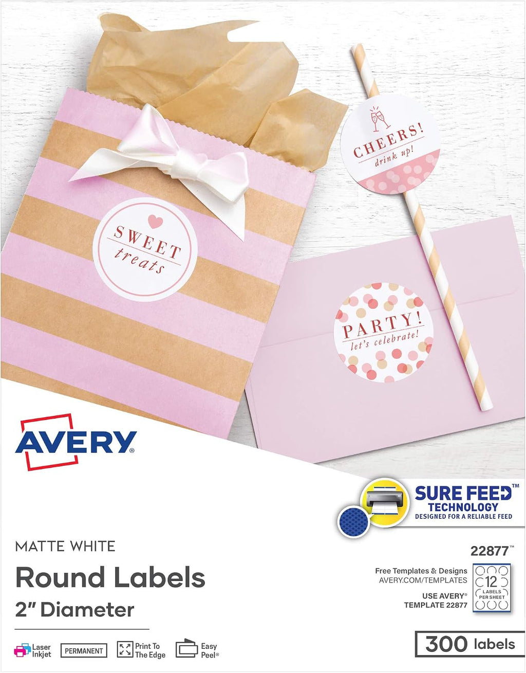 Avery® Printable Round Labels, Sure Feed® Technology, 2" Diameter, Matte White, Laser & Inkjet Compatible, 300 Blank Labels Total, Great for Branding, Packaging, Events, and More (22877)