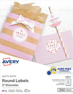 Avery® Printable Round Labels, Sure Feed® Technology, 2" Diameter, Matte White, Laser & Inkjet Compatible, 300 Blank Labels Total, Great for Branding, Packaging, Events, and More (22877)