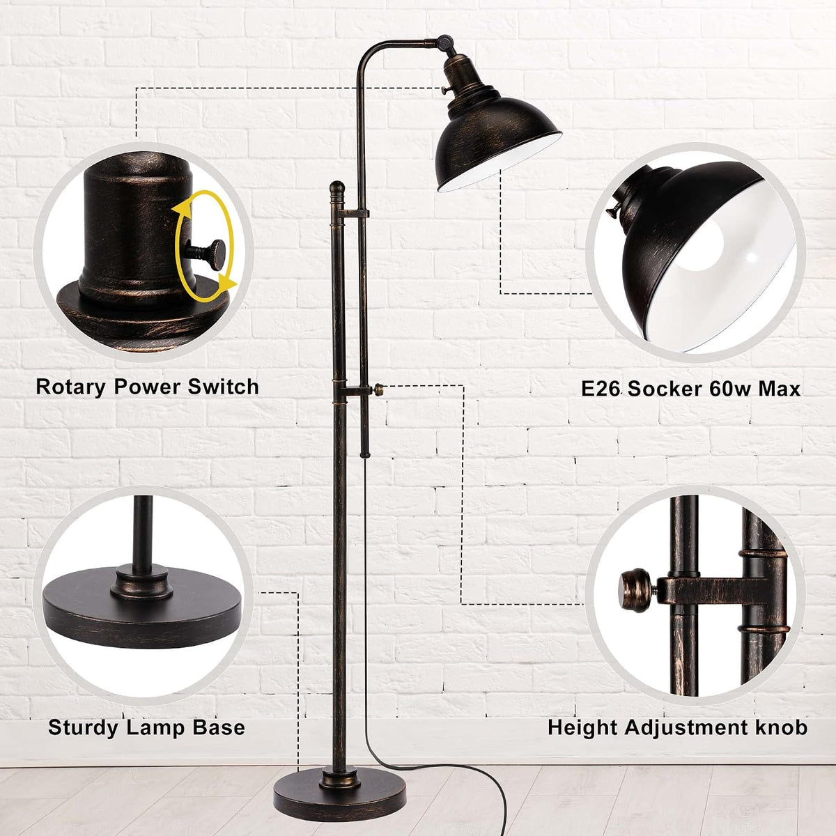PARTPHONER Industrial Floor Lamp Adjustable, Rustic Farmhouse Reading Lamp in...