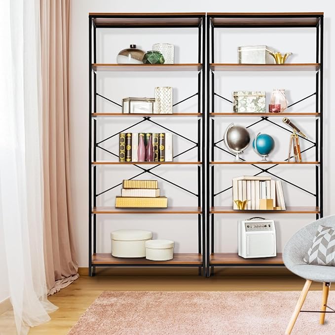 Himimi 6-Tier Bookshelf Set of 2, Tall Bookcase Industrial Wood Storage Rack - Image 9