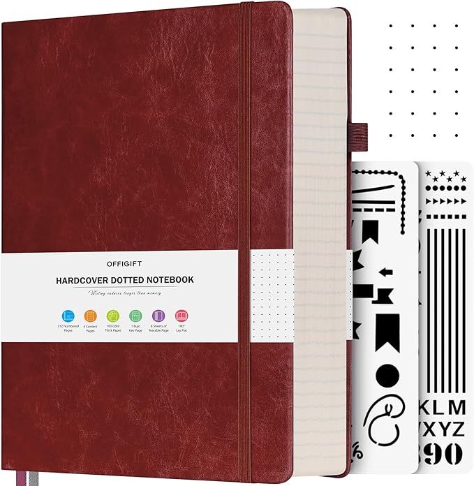 OFFIGIFT Dotted Journal Notebook, 312 Numbered Pages Large B5 Hardcover Leather by OFFIGIFT