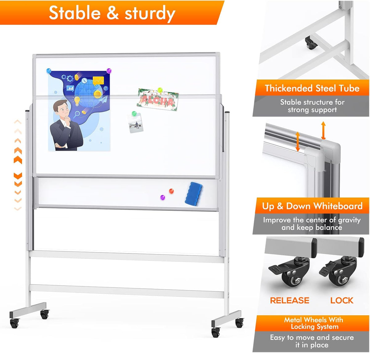 Maxtek 48 x 60 Large Mobile Dry Erase Board Magnetic Rolling Double-Sided