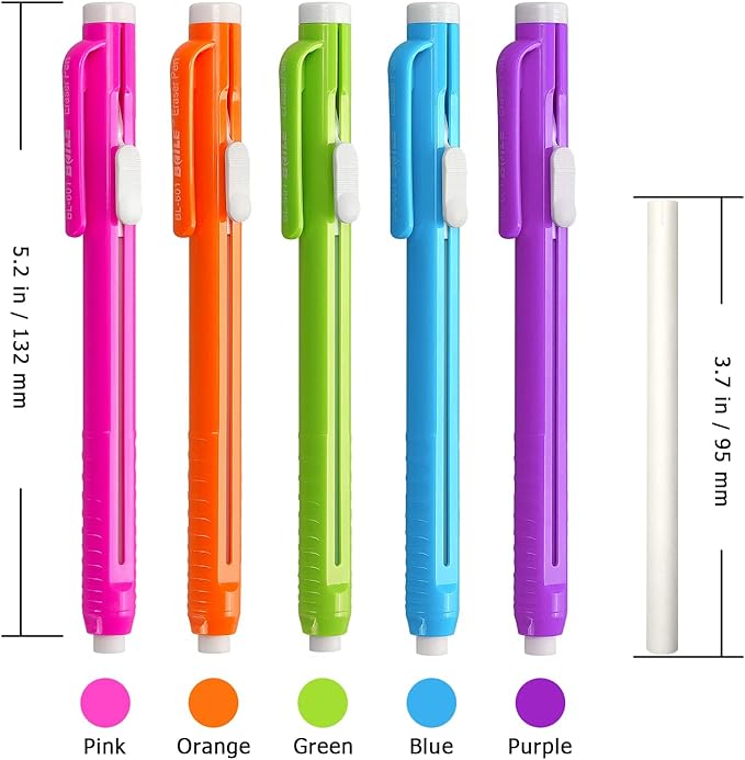 Retractable Mechanical Eraser Pen, Pen-Style Erasers Assorted Color, 5 Pack - Image 2