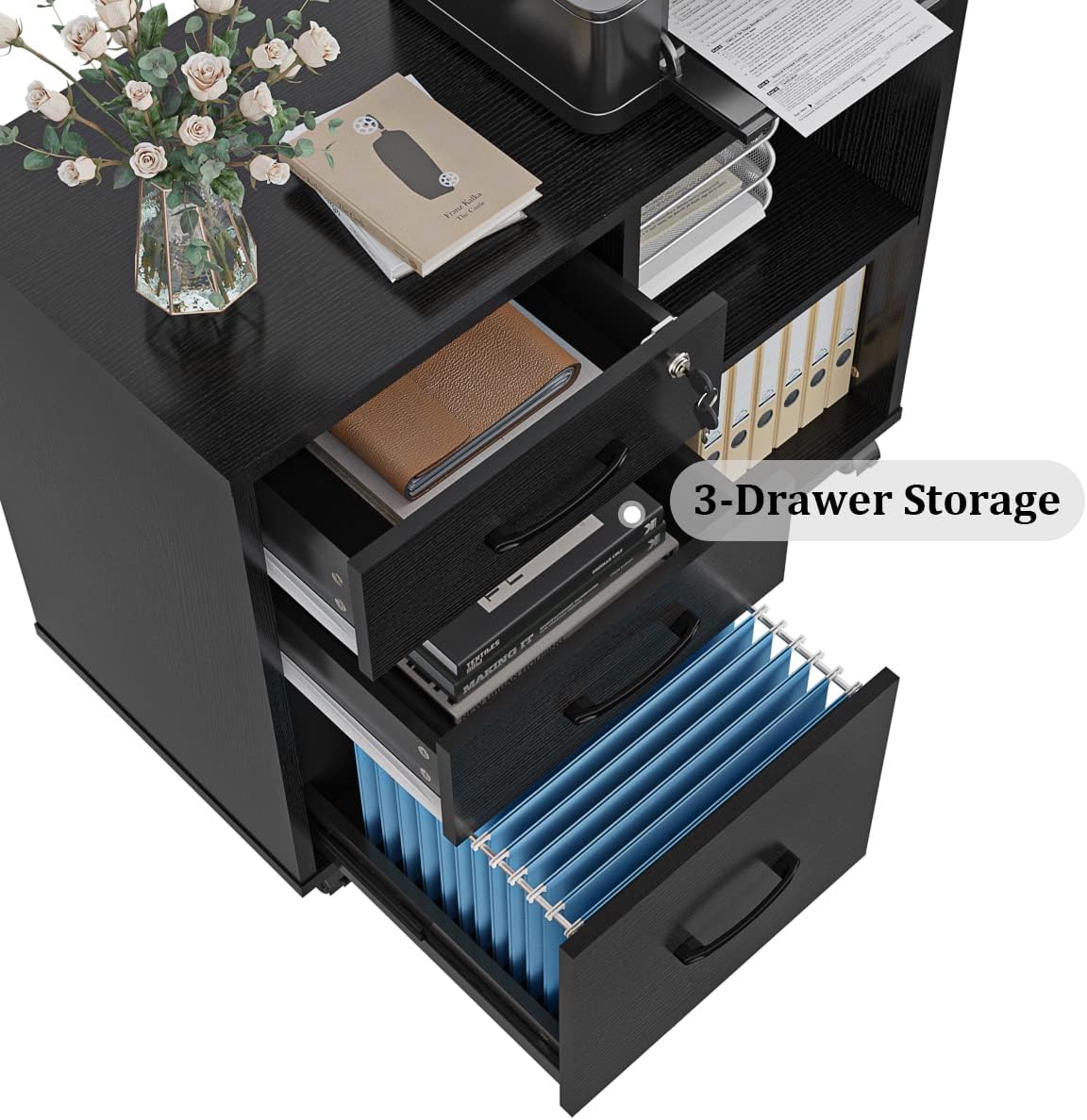 Panana 3 Drawer Office File Cabinets, Mobile Lateral Printer Stand with Open Storage Shelf, Rolling Filing Cabinet with Wheels Home Office Organization and Storage (Black)