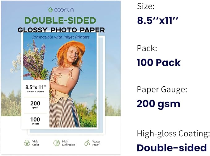 Double Sided Glossy Photo Paper 8.5x11 100 Sheets, Goefun 200GSM/54LB Inkjet - Image 2