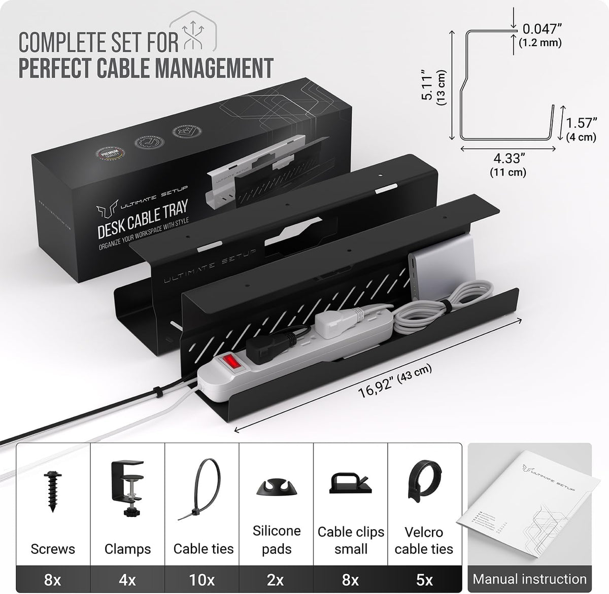 Under Desk Cable Management Tray no Drill – Wire Management - Cord Organizer ...