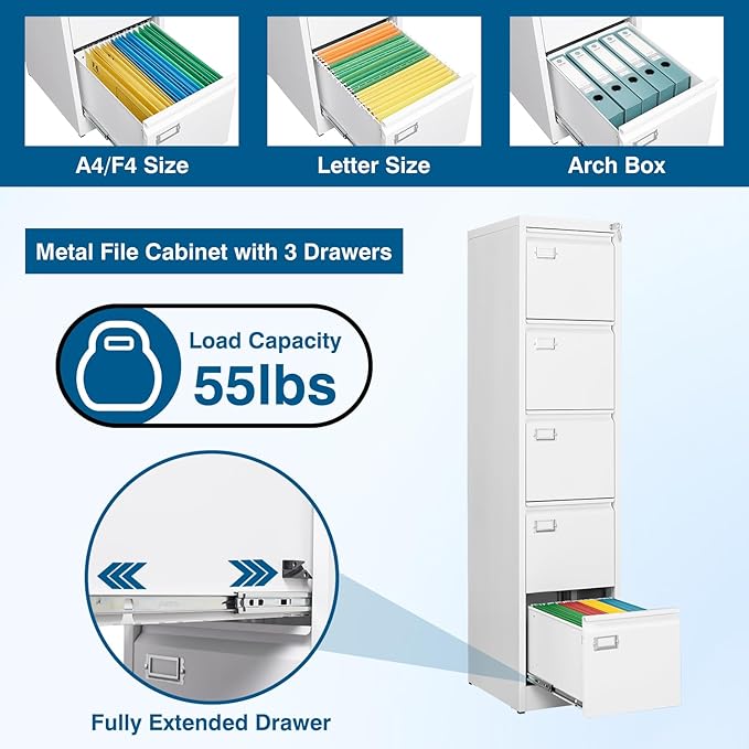 PEUKC 5-Drawer File Cabinet, 16.3" Deep Vertical Metal Filing Cabinet - Image 4