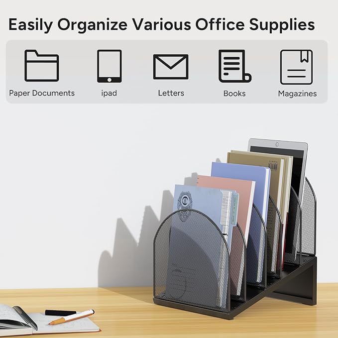 OUTIOE 5-Section Desk File Organizer, Metal Mesh Folder Organizer - Image 7