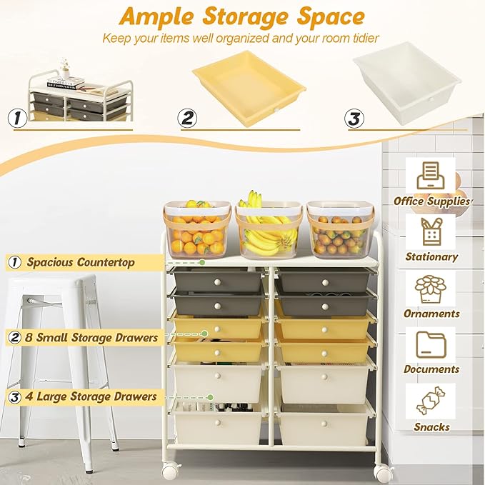 LDAILY 12 Drawer Rolling Storage Cart, Craft Cart Organizer on Wheels w/Metal - Image 4