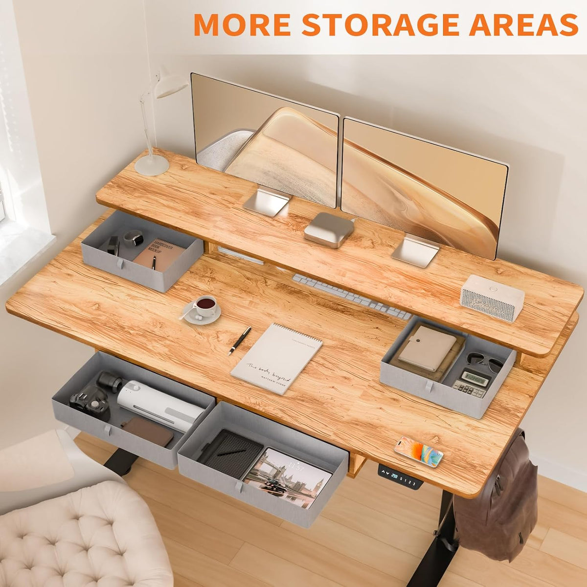 55 x 30 Inch Electric Standing Desk with 4 Drawers, Light Rustic