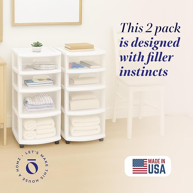 HOMZ 2-Pack Drawer Tower, 4-Tier Clear Plastic Storage Organizer Cart, and - Image 4