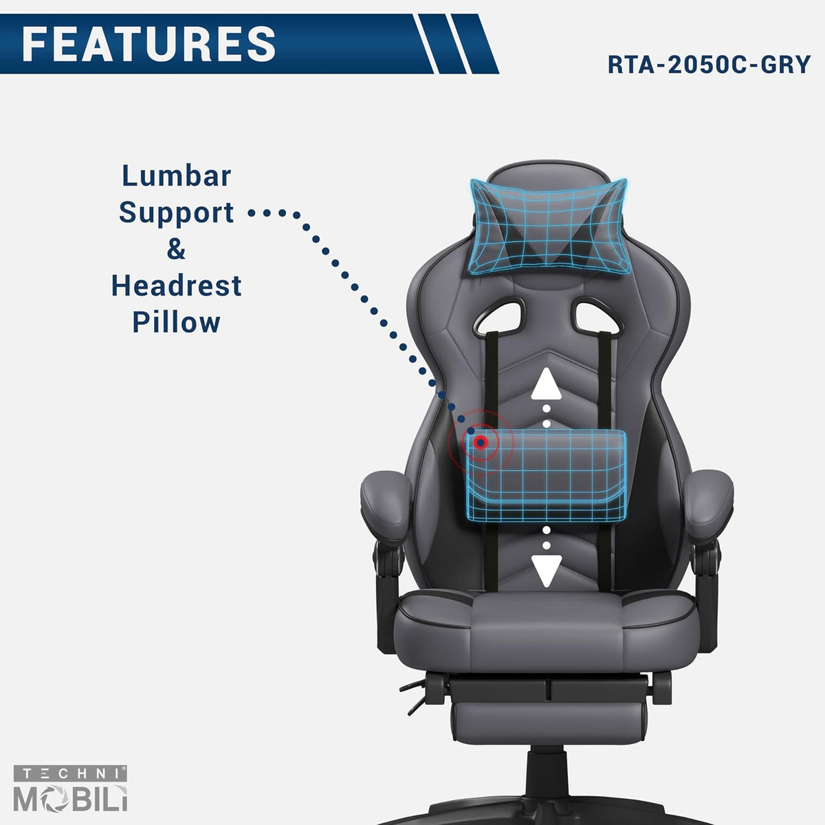 Techni Mobili Executive Gaming Chair with Footrest, 150° Reclining, Grey