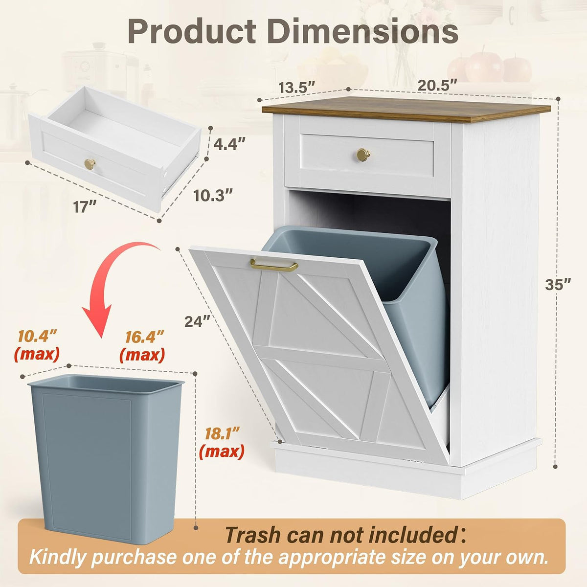 YESHOMY 10 Gallon Tilt Out Trash Cabinet with Drawer, White