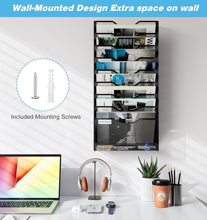Solinxe 10 Tier Wall File Organizer, Vertical Mesh Paper Mail Organizer Wall - Image 5