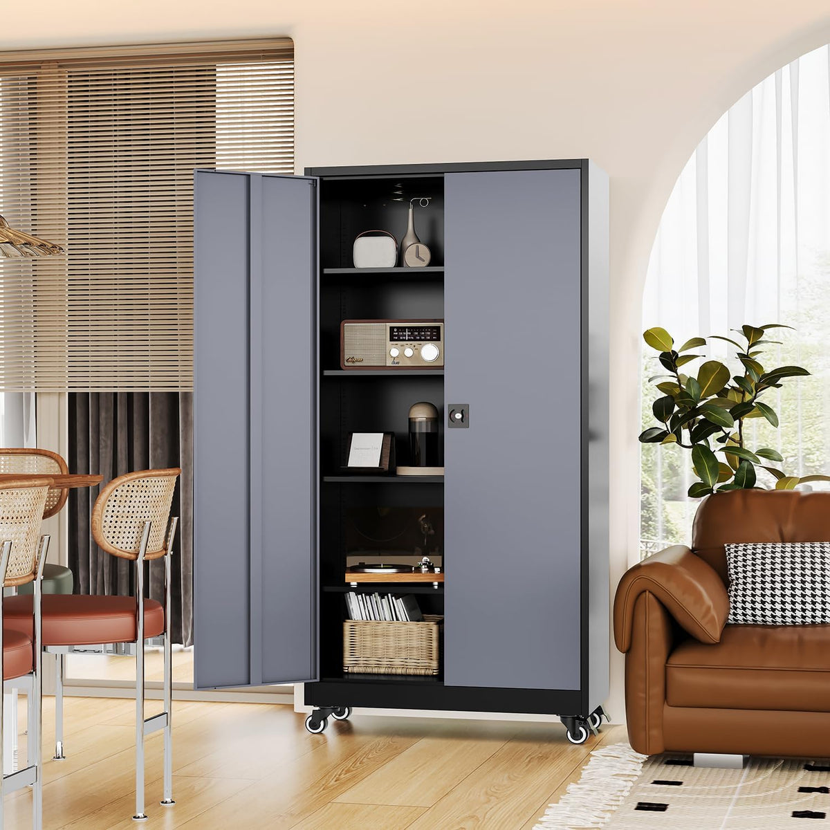fesbos metal rolling storage cabinet-74.6” tall steel file, front angle view
