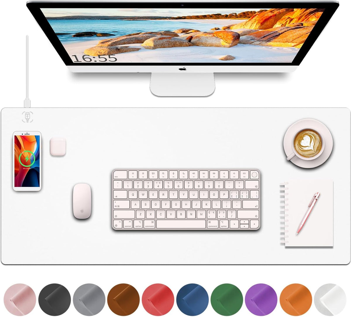 Desk Mat with Wireless Charging, White Mouse Pad with Wireless Charger, Desk ...