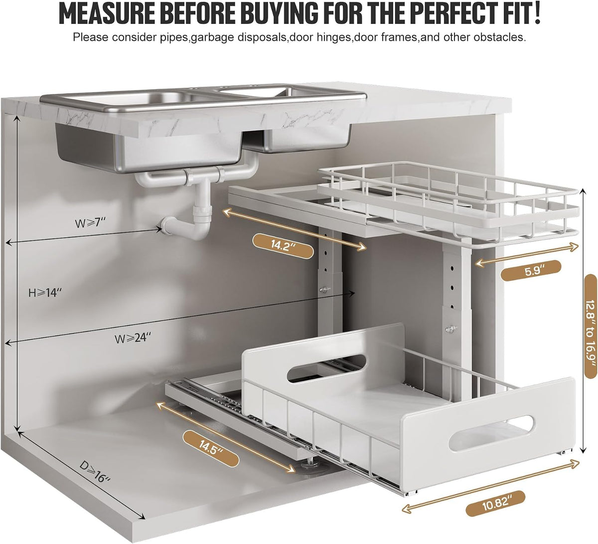 Under Sink Organizer Upgrade To Professional Rails,2-Tier Dual Pull Out Cabin...