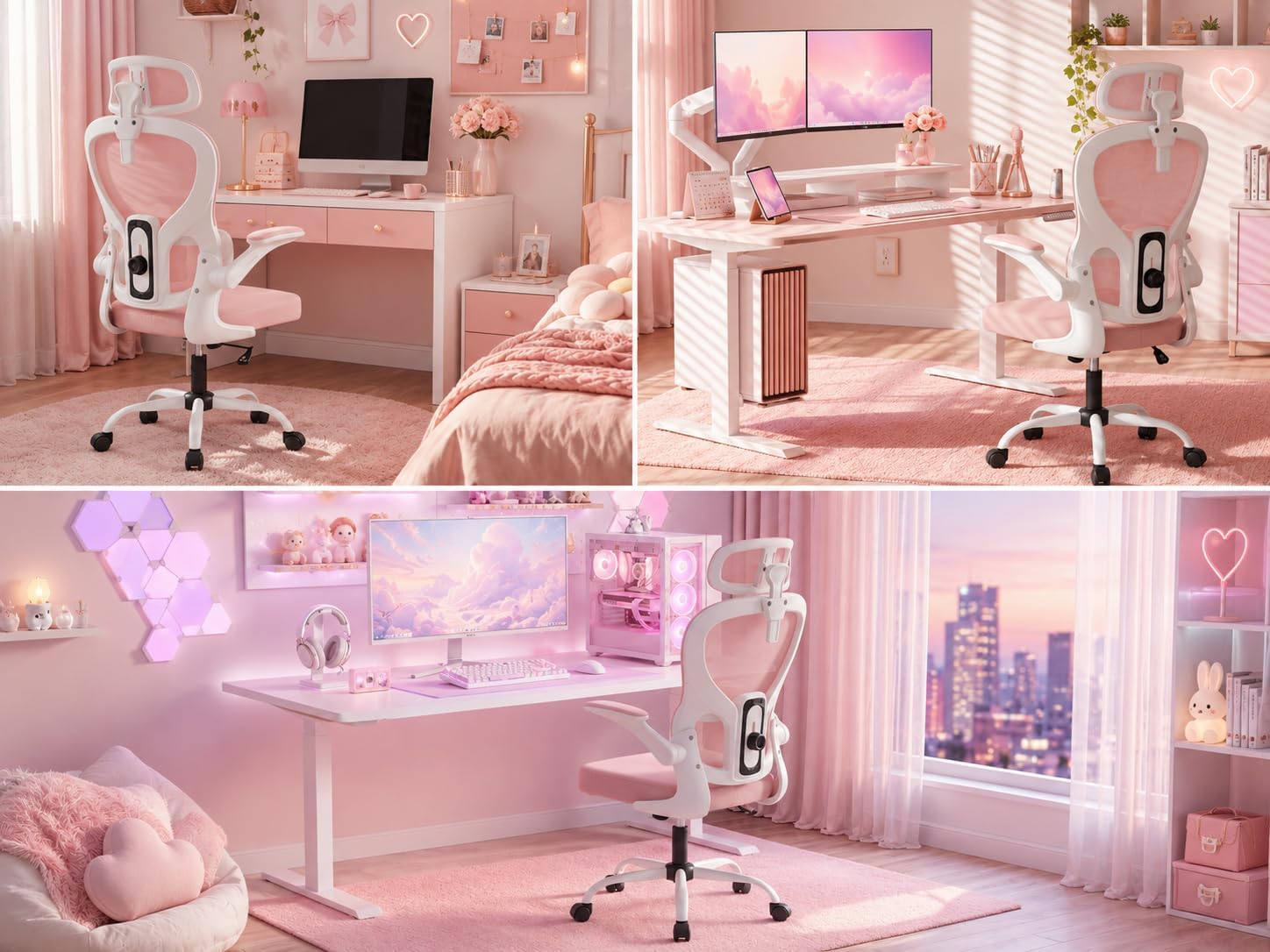 Ergonomic Office Chair with Adjustable Headrest & Lumbar Support, High Back Mesh Desk Chair, 400 LBS Capacity Swivel Computer Chair with Flip-Up Arms, Home Office Gaming Chair (Pink)