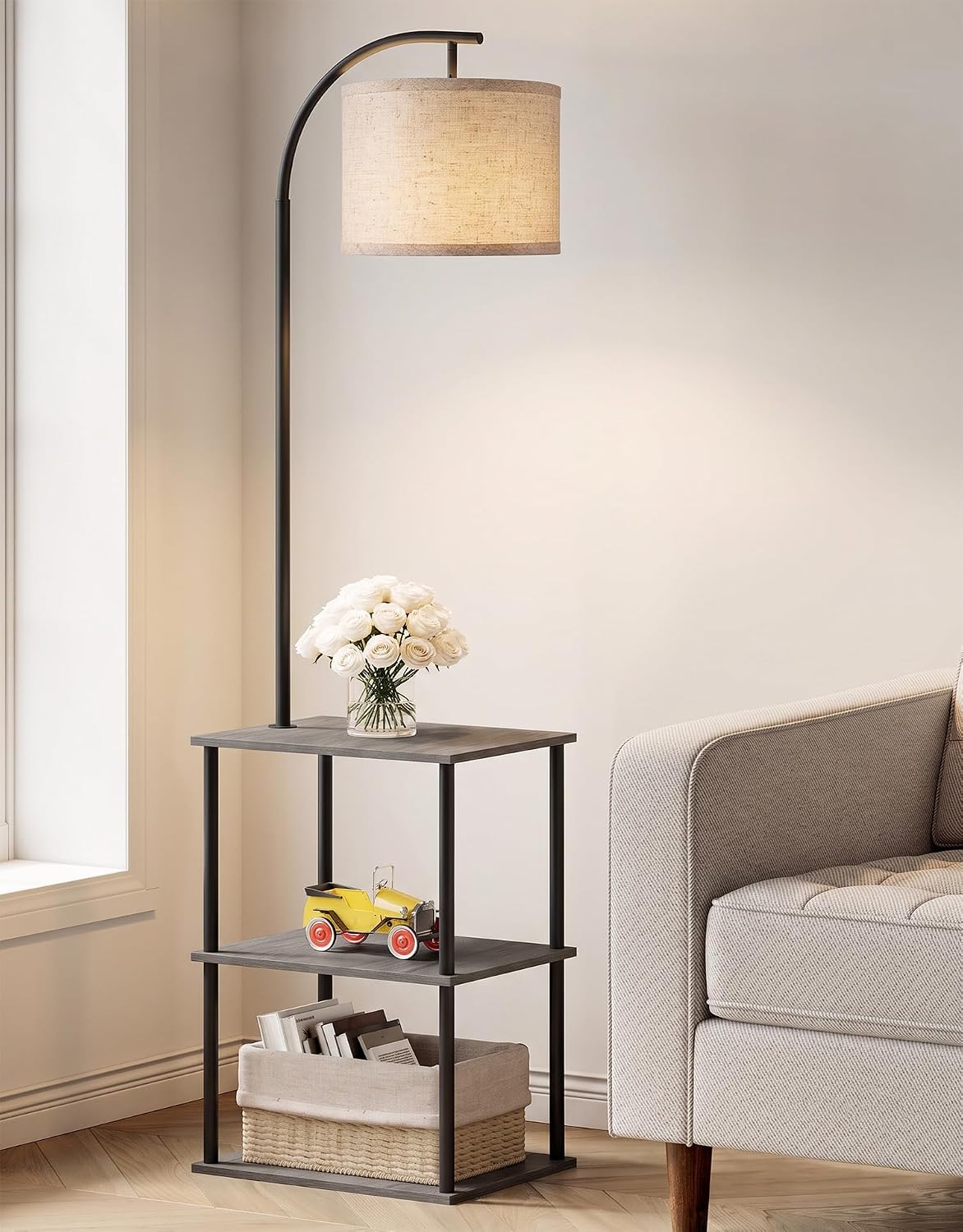 PARTPHONER Floor Lamp with Table, Night Stand with Lamp, Narrow Side Table wi...