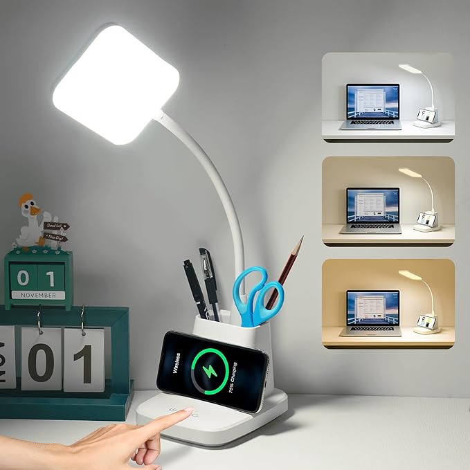 LED Desk Lamp with Wireless Charger, Sailstar White Desk Light with Pen Holder by Sailstar