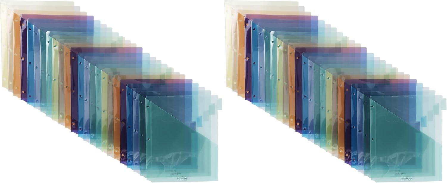 Amazon Basics Tab Dividers for 3 Ring Binder, Two Pocket, Letter Size, Transparent Assorted Colors, 24 Count (Pack of 2)
