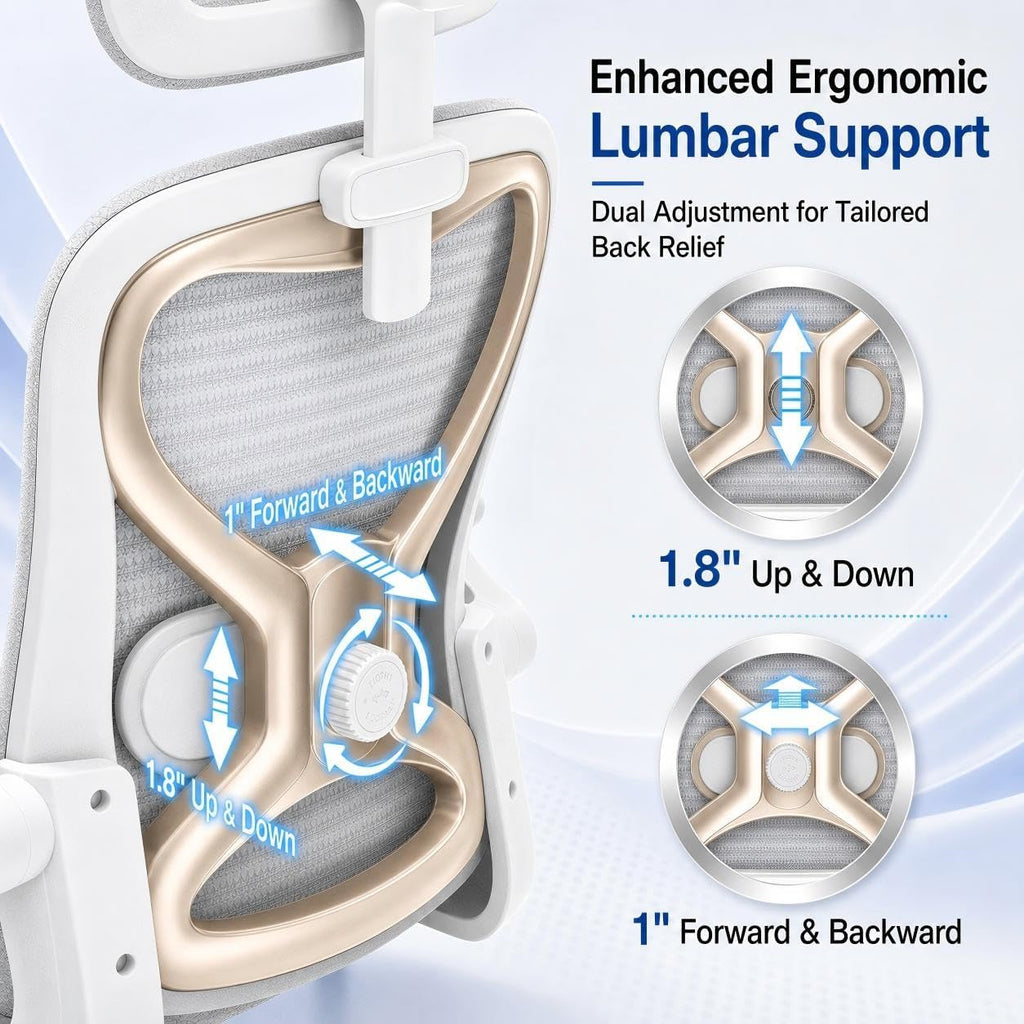 Ergonomic Office Chair for Back & Neck Pain Relief, Virgin Foam Seat, 2D Adjustable Lumbar & 3D Headrest, Tilt & Rock for Relaxation, Ideal for Long Sitting Comfort, White/Gold