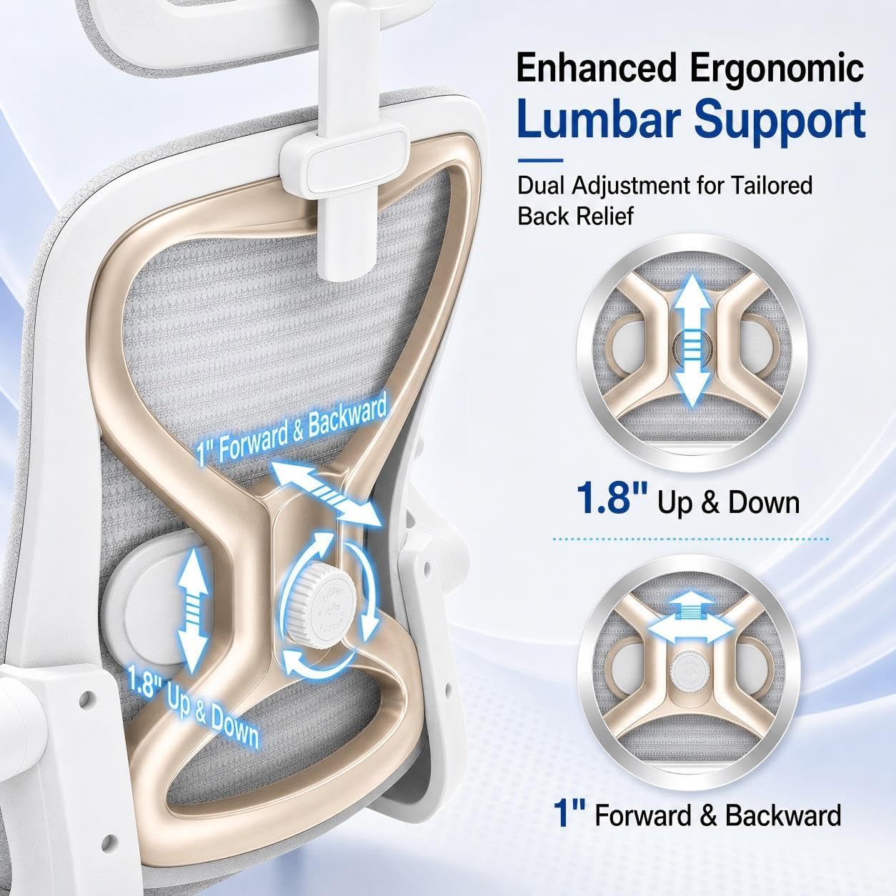 Ergonomic Office Chair for Back & Neck Pain Relief, Virgin Foam Seat, 2D Adjustable Lumbar & 3D Headrest, Tilt & Rock for Relaxation, Ideal for Long Sitting Comfort, White/Gold