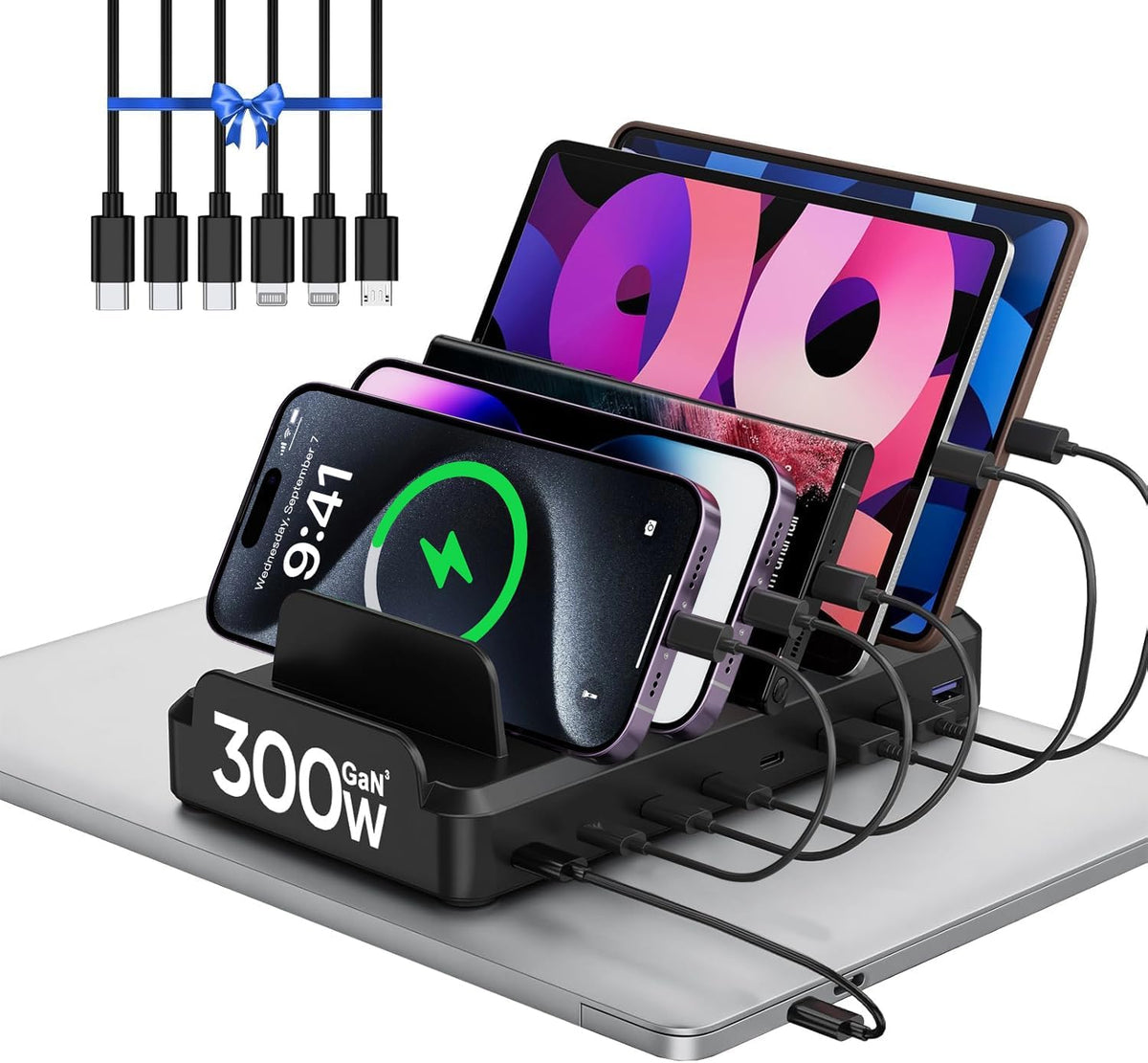 300W Charging Station for Multiple Devices, 8 Port Multi USB C Fast Charger