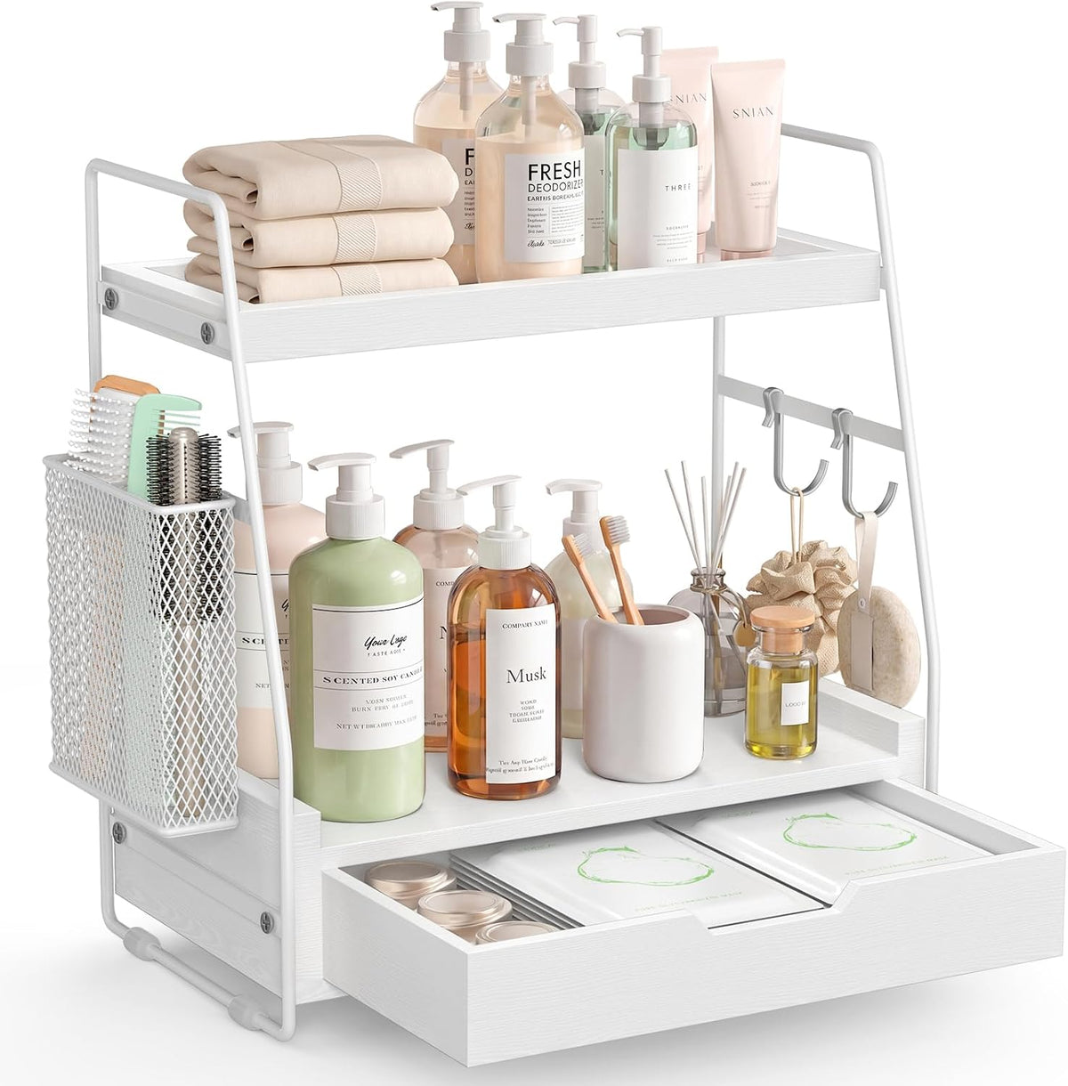 2-Tier Bathroom Counter Organizer with Drawer, Wood Counter Storage Shelf