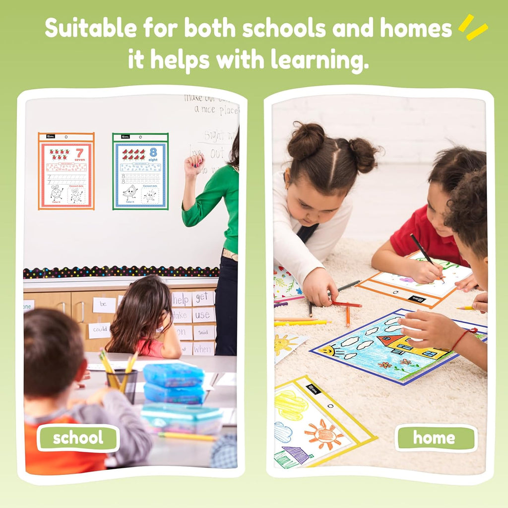 GNL Dry Erase Pocket Sleeves 30 Packs, Reusable Clear Plastic Ticket Holders with Rings, Durable & Easy-to-Erase Sheet Protectors, Assorted Colors 10x14 Inch for Classroom & School Teacher Supplies
