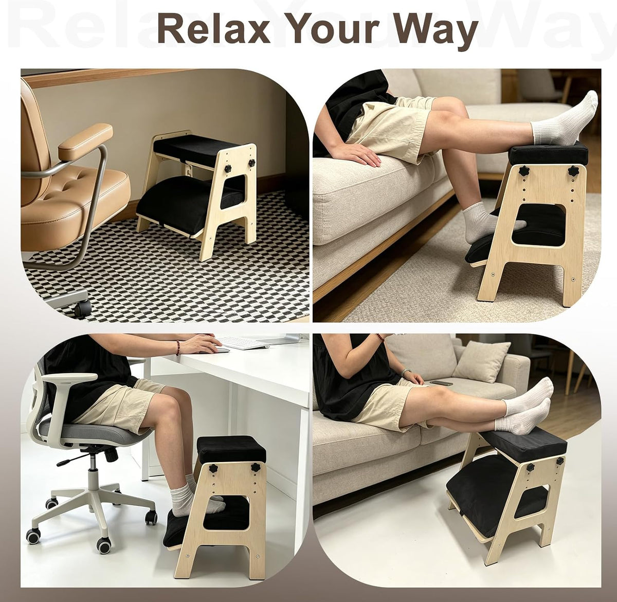 Double Step Footrest Under Desk, Adjustable Wooden Foot Stool with Cushions
