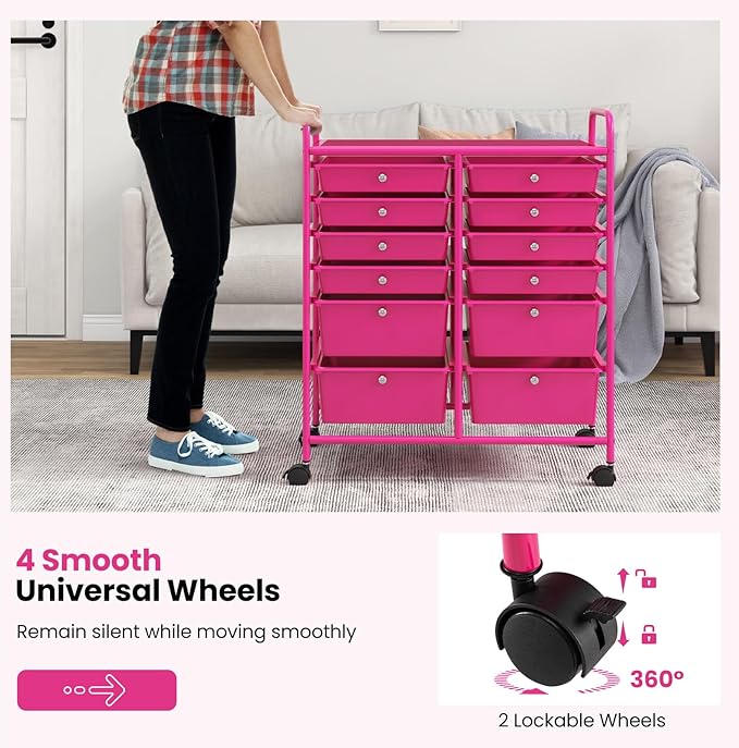 LDAILY 12 Drawer Rolling Storage Cart, Craft Cart Organizer on Wheels w/Metal - Image 4