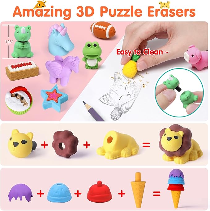 Moosia 60 Pack Animal Pencil Erasers - Image 4