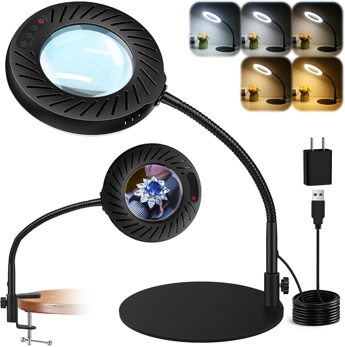 12X Magnifying Glass with Light and Stand, LED Magnifying Lamp with Clamp