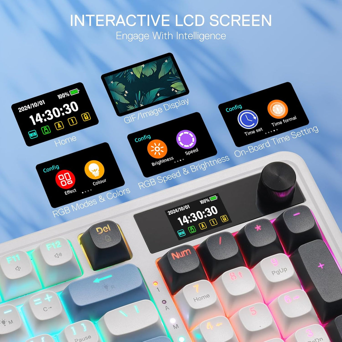 Redragon K719 PRO Wireless 95-Key Gasket Gaming Keyboard, TFT Screen & Knob