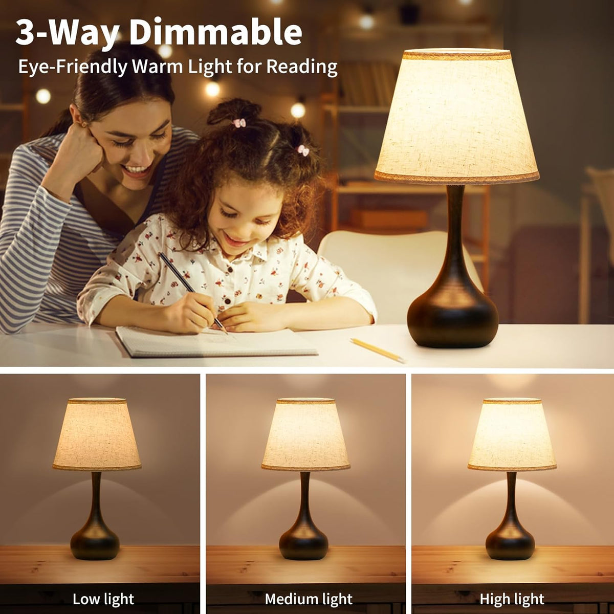 ONEWISH Touch Bedside Lamp, Farmhouse 3-Way Dimmable Table Lamps for Nightsta...
