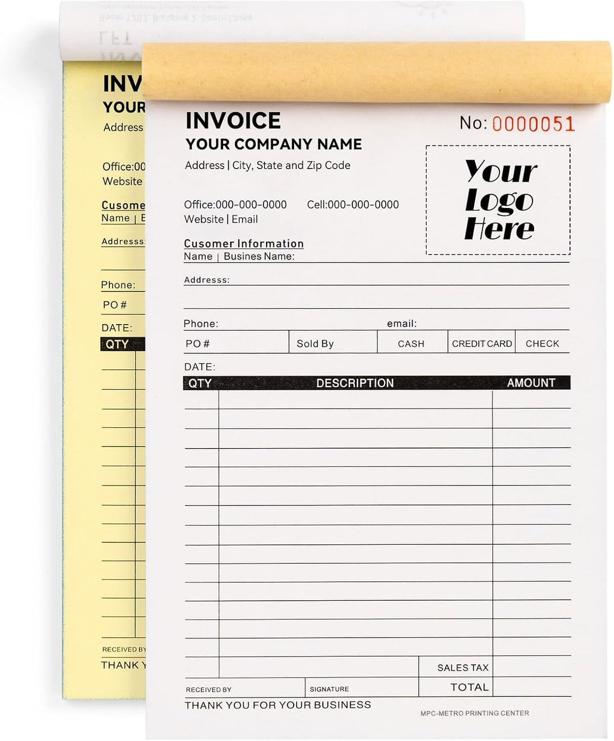 100 Sets Custom 5.7" X 8.5" Invoice Receipt Book, Personalized Duplicate