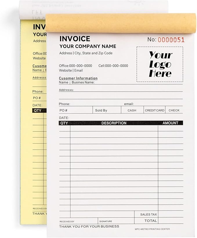 100 Sets Custom 5.7" X 8.5" Invoice Receipt Book, Personalized Duplicate by Custom